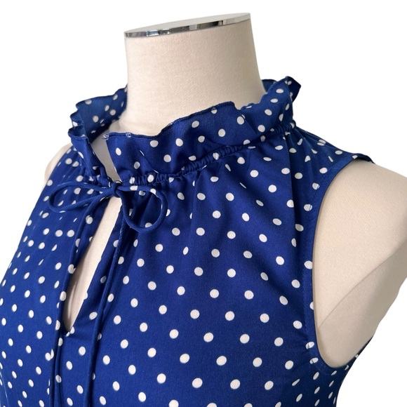 J. CREW FACTORY Polka Dot Ruffle Blouse Sleeveless Style A8174 Blue White Sz 0 - Picture 3 of 13